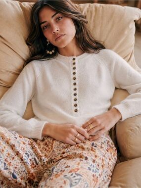 Sezane Leon Button-Placket Crewneck Sweater- XXS